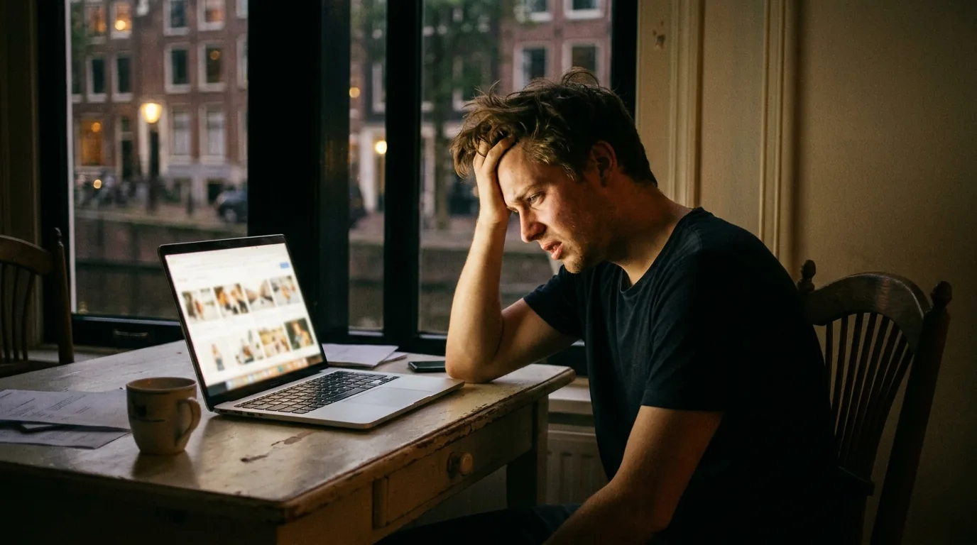 Koper met het hoofd in de hand achter een laptop vol huizen, bij het raam aan de gracht